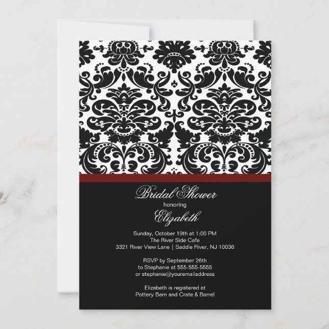 Damask Merlot Wine Red Bridal Shower Invitation (Devant)