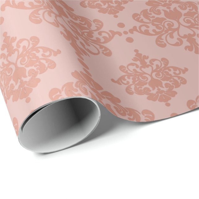 Damask Metallic Royal Floral Pink Rose Gold Blush Geschenkpapier (Rolleneckpunkt)