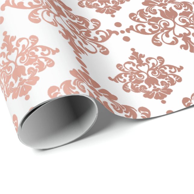 Damask Metallic Royal Floral Pink Rose White Blush Geschenkpapier (Rolleneckpunkt)