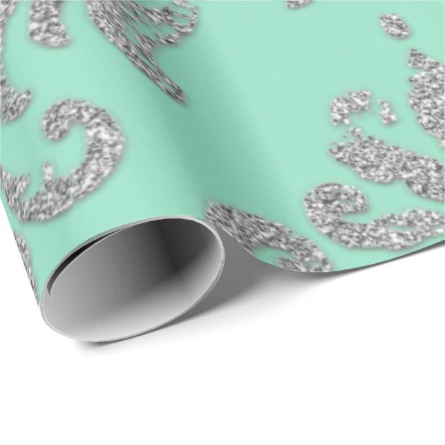 Damask Mint Green Royal Metallic Silver Glitzer Geschenkpapier (Rolleneckpunkt)