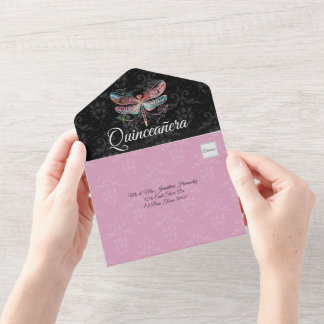 Damask mit Dragonfly Quinceañera All In One Einladung