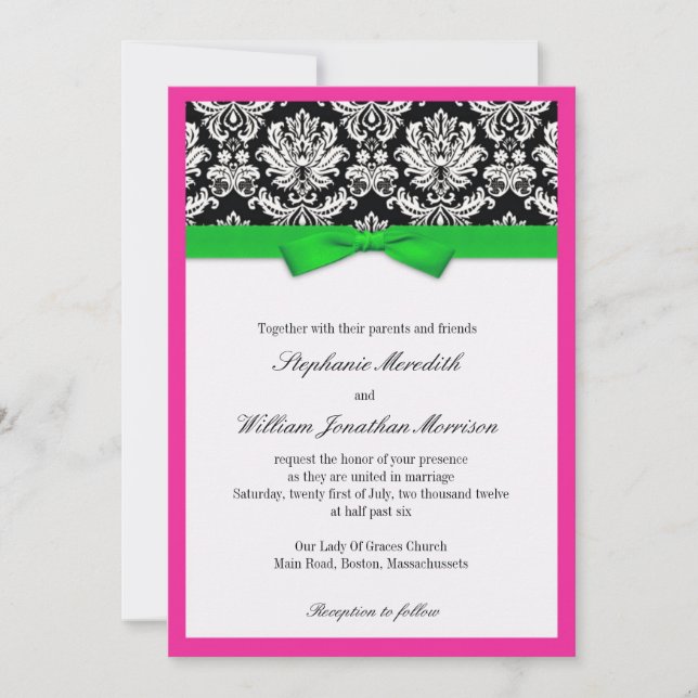 Damask mit grüner und rosa Einladung zur Hochzeit (Vorderseite)