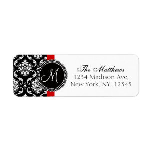 Damask Monogram Address Labels Red Schwarz-weiß