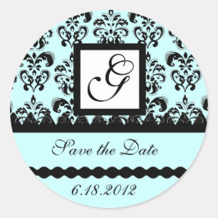 DAMASK MONOGRAM, blaue Turquase Runder Aufkleber
