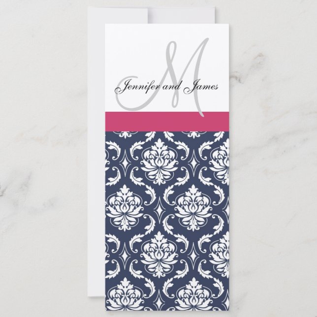 Damask Monogram Blue Pink Cream Weditation Einladung (Vorderseite)