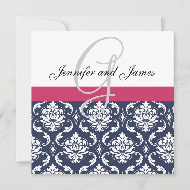 Damask Monogram Blue Pink White Weditation Einladung (Vorderseite)