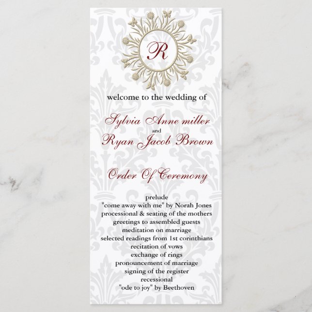 Damask MONOGRAM Hochzeitsprogramm Programm (Vorderseite)