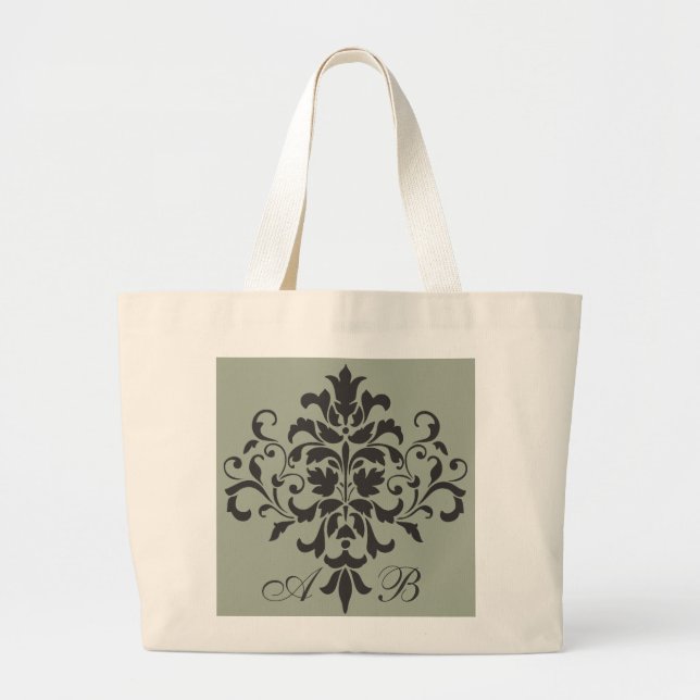 Damask Monogram in Elegangrau oder Grau Jumbo Stoffbeutel (Vorne)