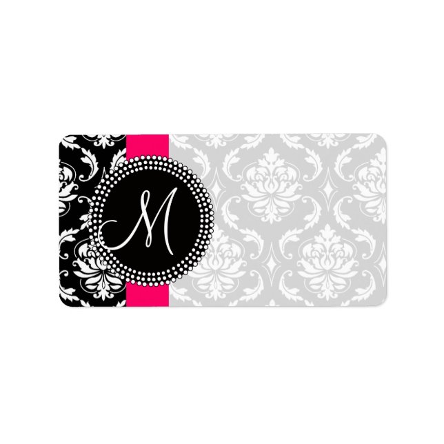 Damask Monogram Labels Pink für Hochzeiten Adressaufkleber (Vorne)