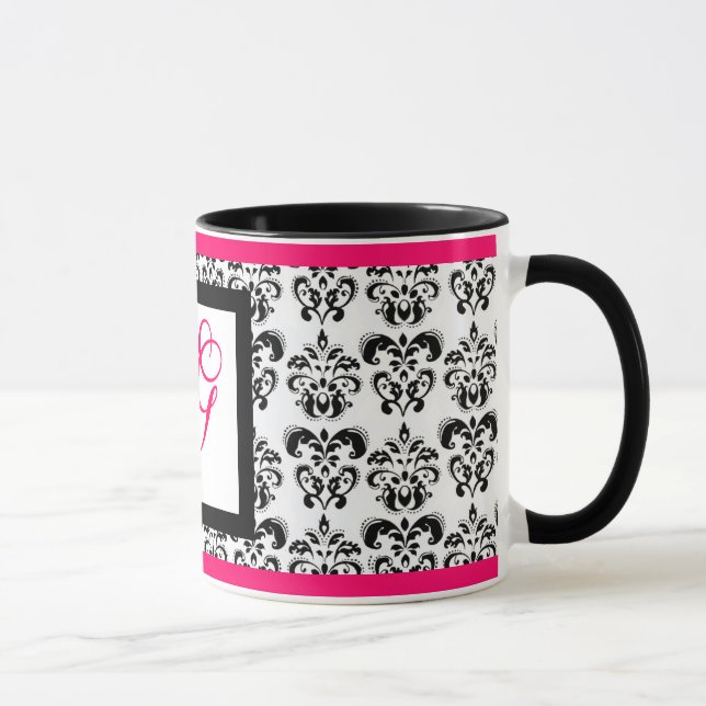 DAMASK MONOGRAM, Pink Fuchsia Schwarz-weiße Blume Tasse (Rechts)