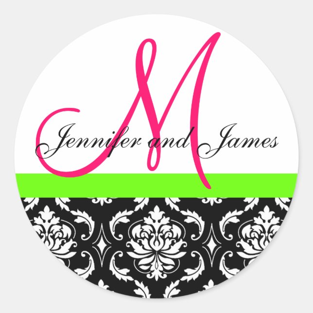 Damask Monogram Pink Green Wedcker Runder Aufkleber (Vorderseite)
