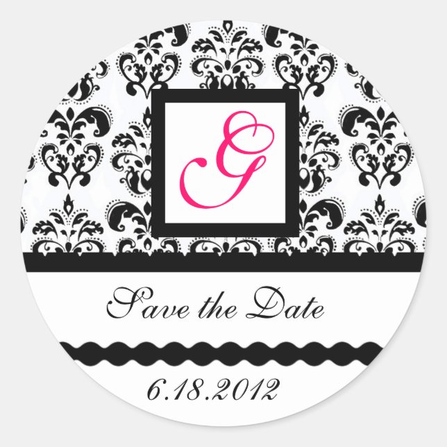 DAMASK MONOGRAM, rosa Fuchsie Runder Aufkleber (Vorderseite)