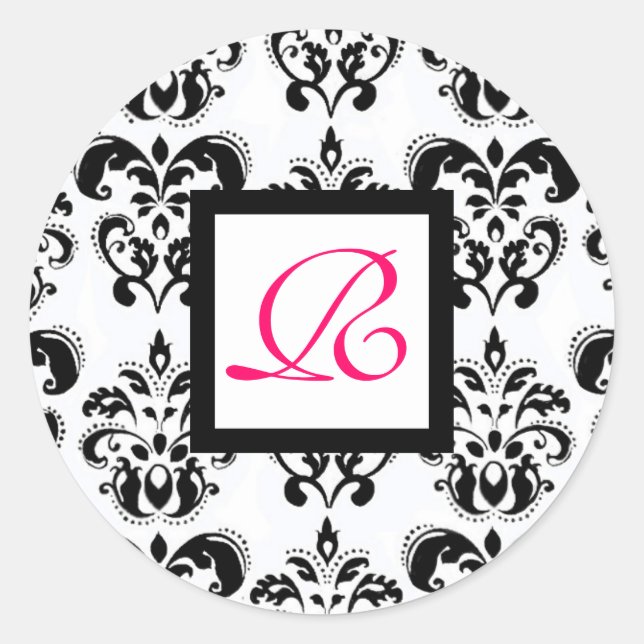 DAMASK MONOGRAM, rosa Fuchsie Runder Aufkleber (Vorderseite)