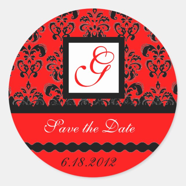 DAMASK MONOGRAM, rot Schwarz-weiß Runder Aufkleber (Vorderseite)