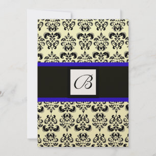 DAMASK MONOGRAM,schwarz und weiß,blau gold metalli Einladung