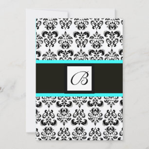 DAMASK MONOGRAM,schwarz und weiß,blau türkis Einladung
