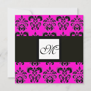 DAMASK MONOGRAM, schwarz und weiß, rosa fuchsia Einladung