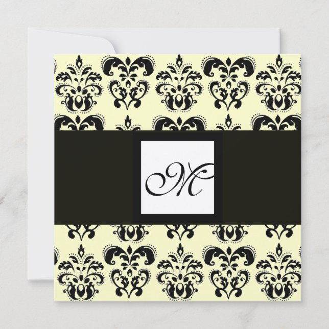 DAMASK-MONOGRAM, schwarz-weiß, gold, metallisch Einladung (Vorderseite)