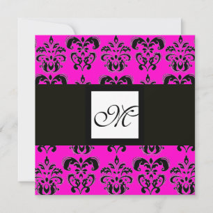 DAMASK MONOGRAM, schwarz-weiß, rosa Fuchsie Einladung