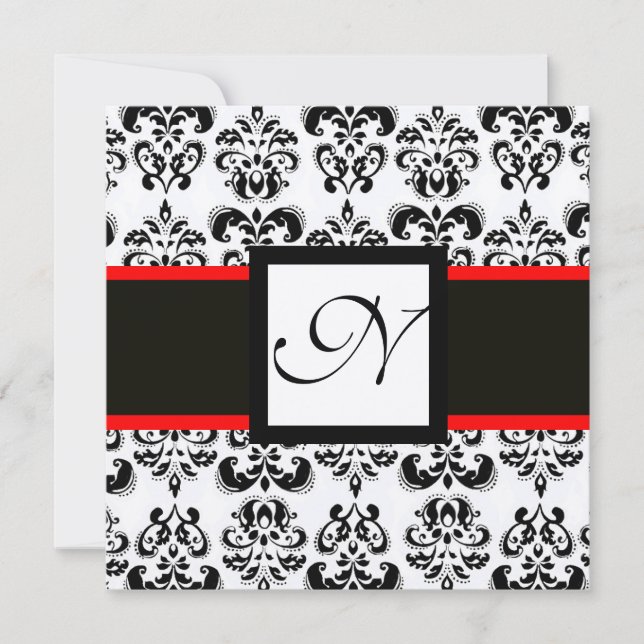 DAMASK-MONOGRAM, Schwarz, Weiß, Roter Champagner-M Einladung (Vorderseite)