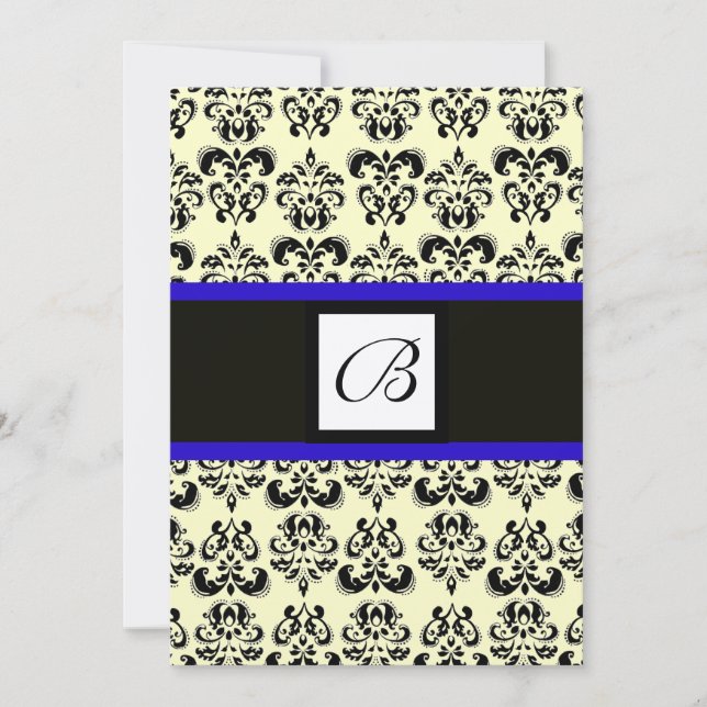 DAMASK MONOGRAM, schwarzweiß, blau, gold, metallis Einladung (Vorderseite)