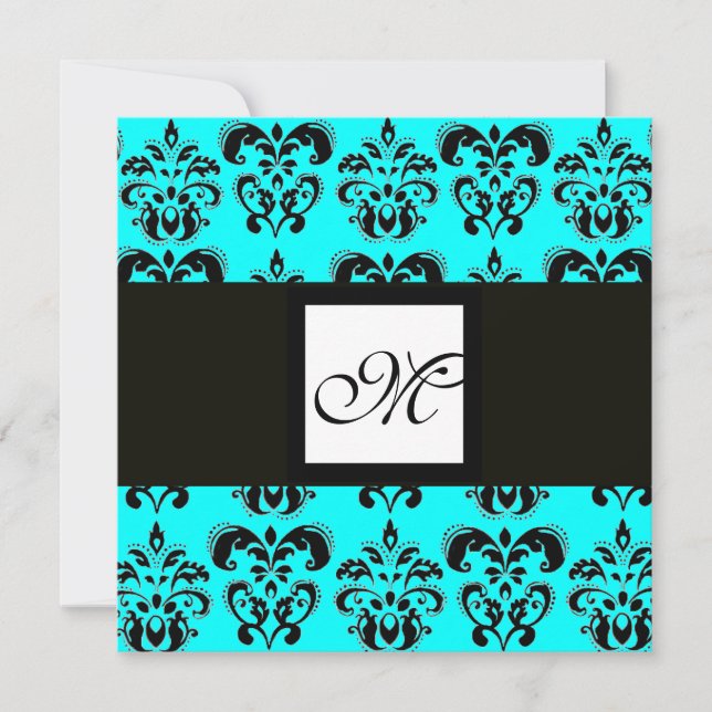 DAMASK MONOGRAM, Schwarzweiß, blaue Turquase Einladung (Vorderseite)