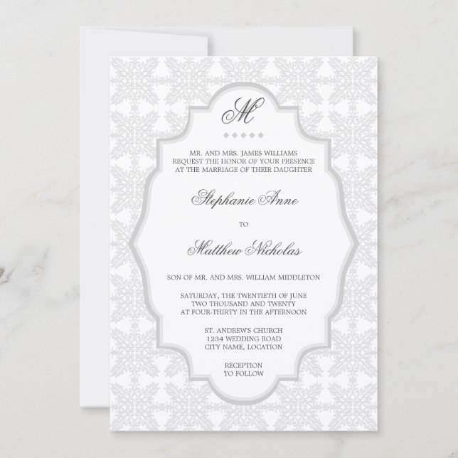 Damask Monogram Silver Gray Wedding Einladung (Vorderseite)
