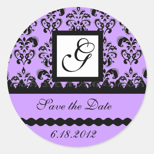 DAMASK MONOGRAM, violett Runder Aufkleber (Vorderseite)