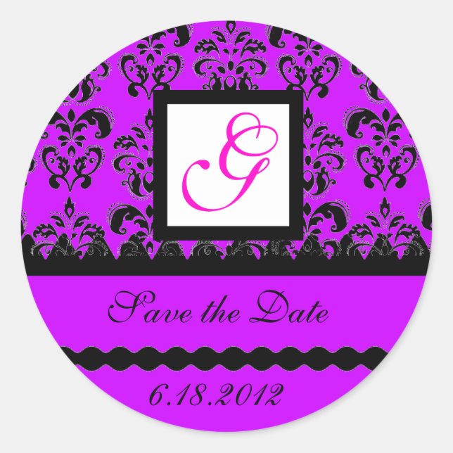 DAMASK MONOGRAM, violette Fuchsie lila Runder Aufkleber (Vorderseite)