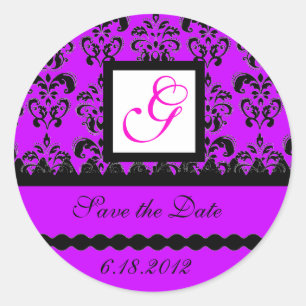 DAMASK MONOGRAM, violette Fuchsie lila Runder Aufkleber