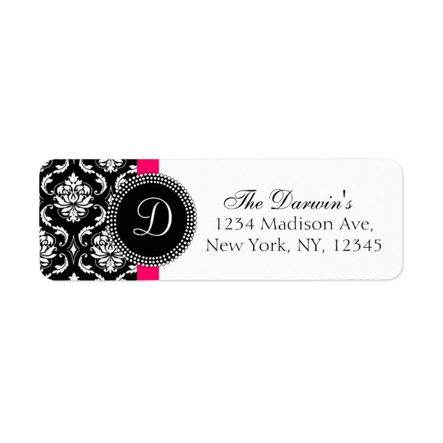 Damask Monogram Wedding Address Labels Black Pink (Vorne)