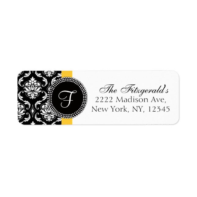 Damask Monogram Wedding Address Labels Gelb (Vorne)