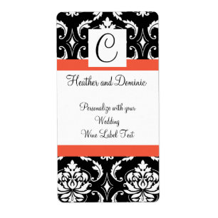 Damask Monogram Wedine Wine Label Papaya