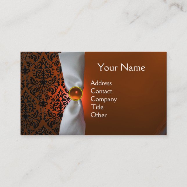 DAMASK MONOGRAM, weißes Band, schwarz orange Visitenkarte (Vorderseite)