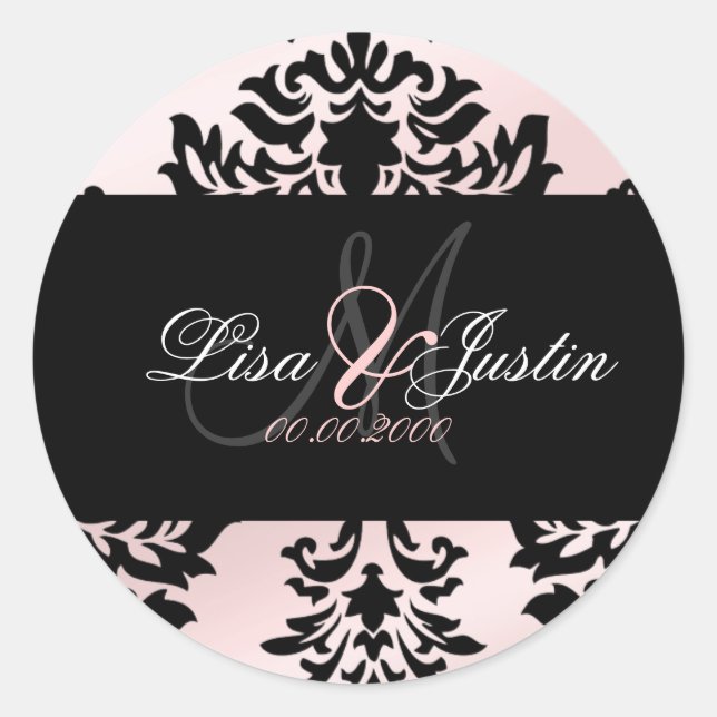 Damask monogramm Hochzeitsticker/DIY-Farbe Runder Aufkleber (Vorderseite)