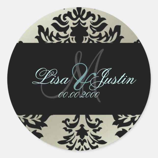 Damask Monogramm Hochzeitsticker Runder Aufkleber (Vorderseite)