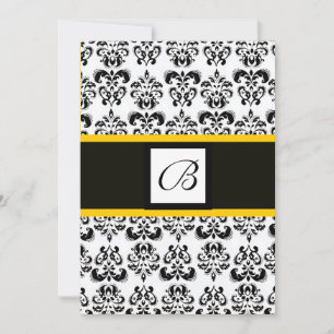 DAMASK-MONOGRAMM, schwarz und weiß, gelb Einladung