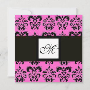 DAMASK-MONOGRAMM, schwarz und weiß, rosa Fuchsie Einladung