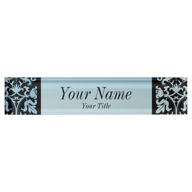 Damask Muster in Aqua Blue und Black| DIREKT Namensplakette (Vorderseite)