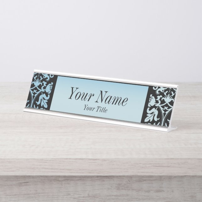 Damask Muster in Aqua Blue und Black | DIY Text Schreibtischnamensplakette (Vorderseite )