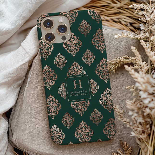 Damask Muster Monogram Rose Gold Emerald Green Case-Mate iPhone 14 Hülle (Von Creator hochgeladen)
