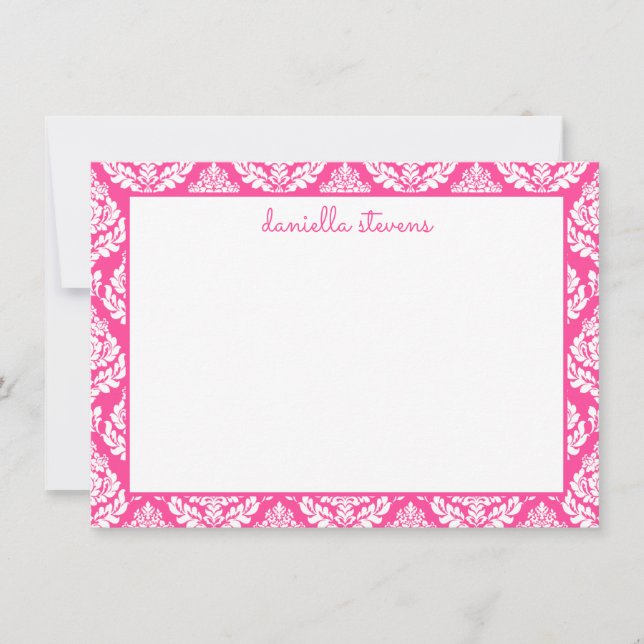 Damask Muster Pink Personalisiert Flat Mitteilungskarte (Vorderseite)