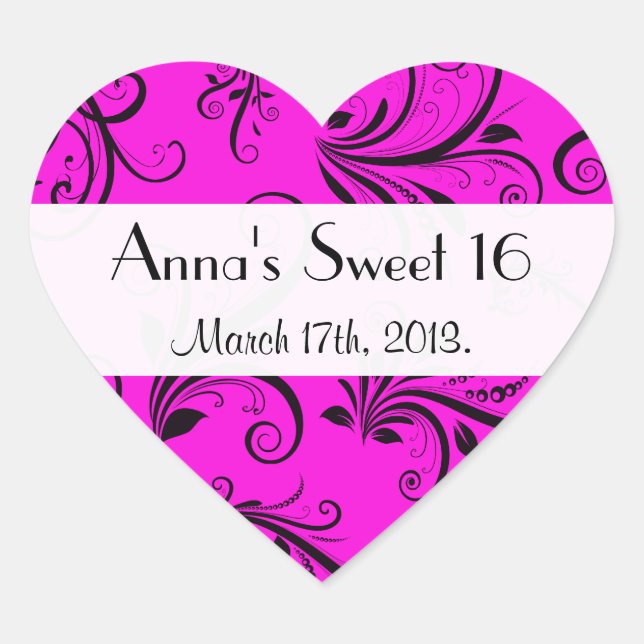 Damask Muster, rosa Damaske, Sweet 16, Birthday Herz-Aufkleber (Vorderseite)