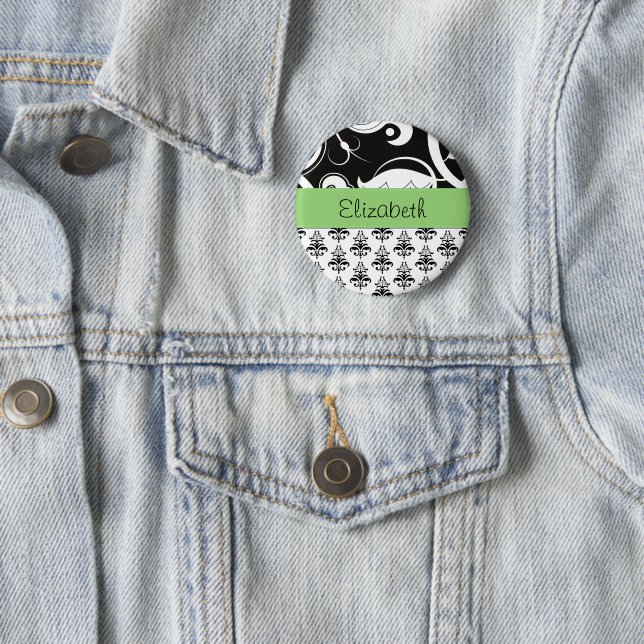 Damask Muster, Schwarz und Weiß Damask, Ihr Name Button (Beispiel)
