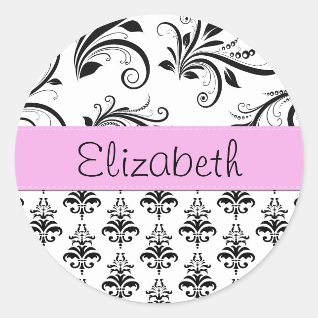 Damask Muster, Schwarz und Weiß Damask, Ihr Name Runder Aufkleber (Vorderseite)