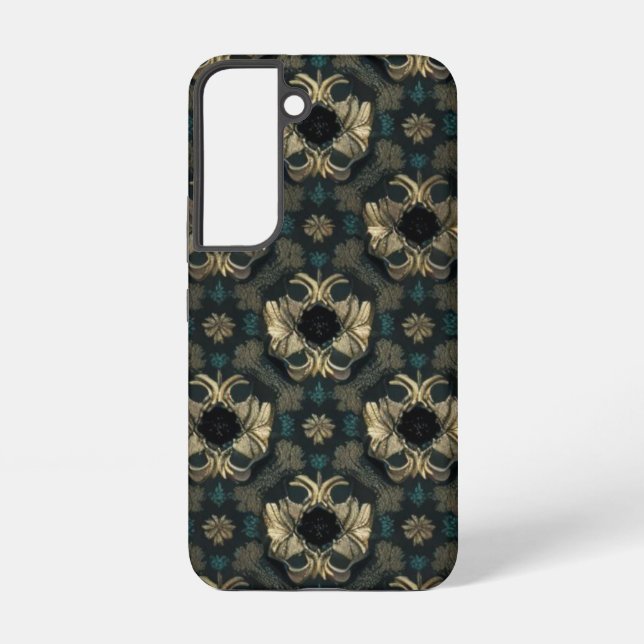 Damask Nahtlose Muster Blume aquamarin, Gold, Schw Samsung Galaxy Hülle (Rückseite)