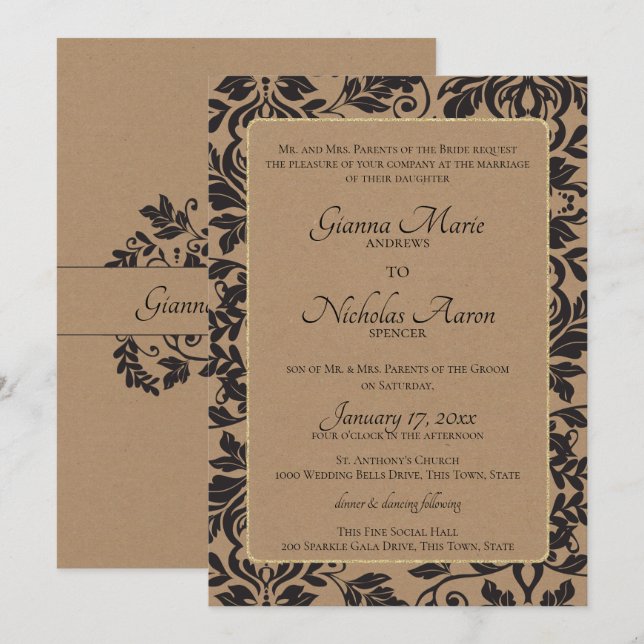 Damask Natural Kraft Brown Wedding Einladung (Vorne/Hinten)