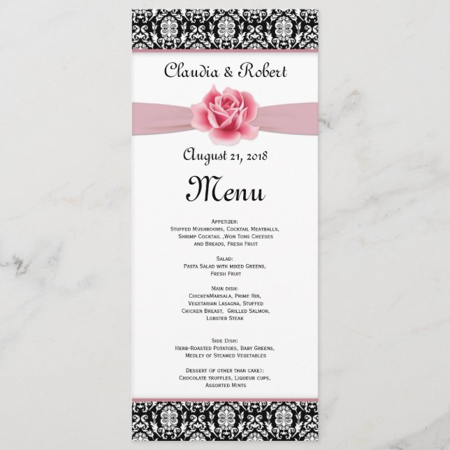 Damask noir blanc, rose rose Mariage Menu (Devant)
