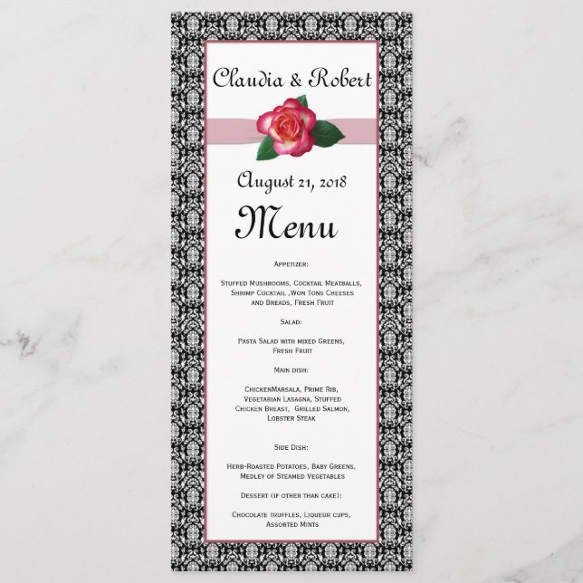 Damask noir blanc, rouge rose Mariage Menu (Devant)