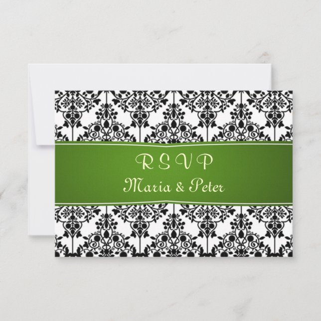 Damask noir, blanc, vert RSVP Invitation (Devant)